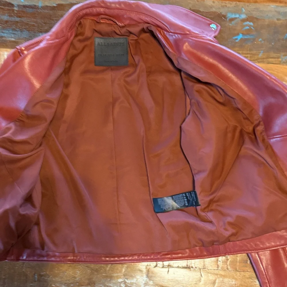 All Saints Dark-Cherry Leather Balfern Biker Jacket (size- US:6, EU:38, UK:10) - Picture 8 of 14